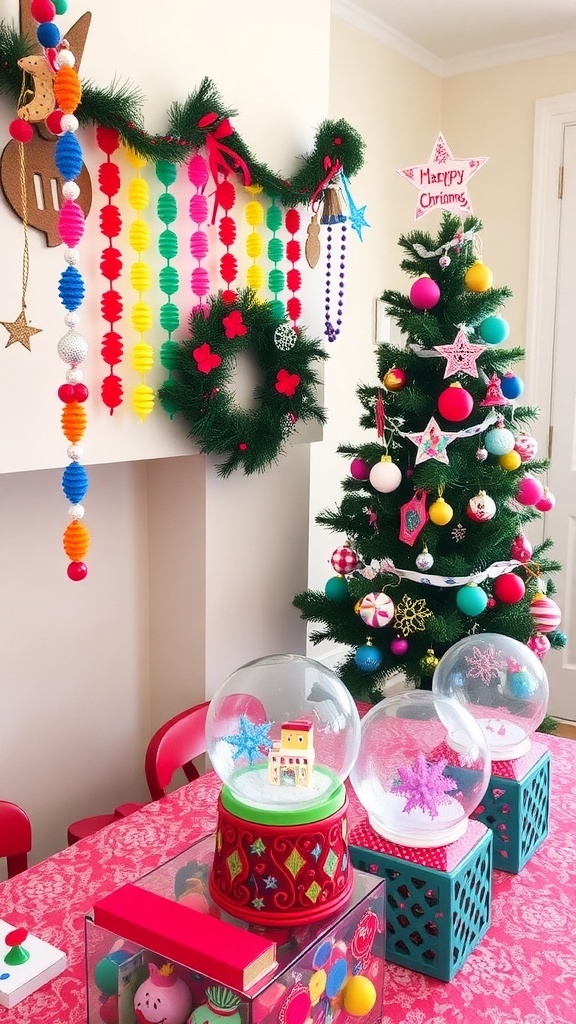 DIY 90s Christmas decorations including paper chains, beaded ornaments, and snow globes on a festive table.
